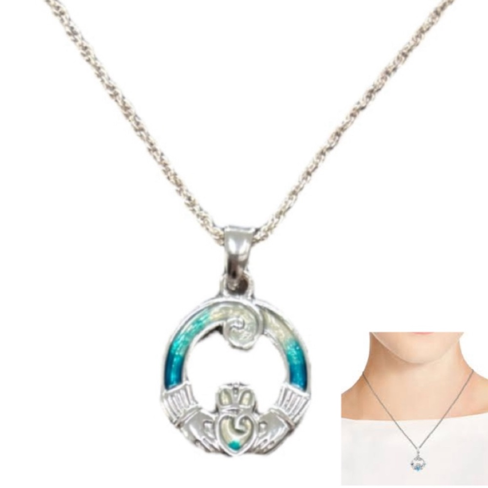 Vintage Claddagh Necklace Silver Blue Pendant Irish Celtic Heart Hands Crown